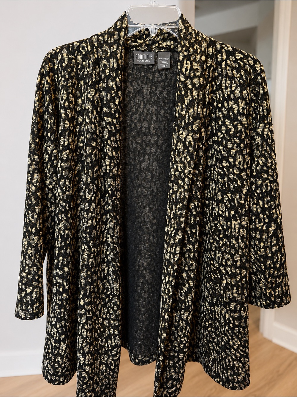 Additions by Chico’s Size 2 Black Gold Animal Print Open Front Cardigan Jacket